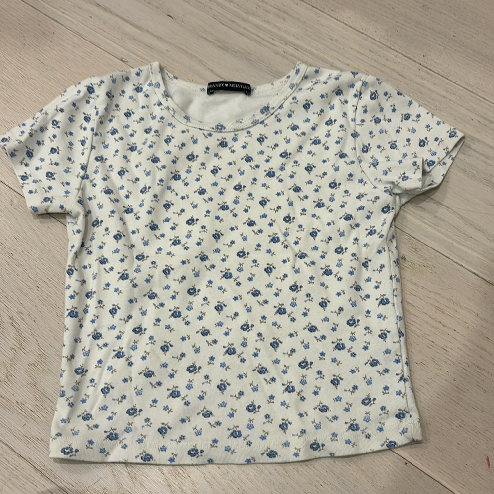 Blue floral baby tee from Brandy Melville. This is very lightly used, no stains
